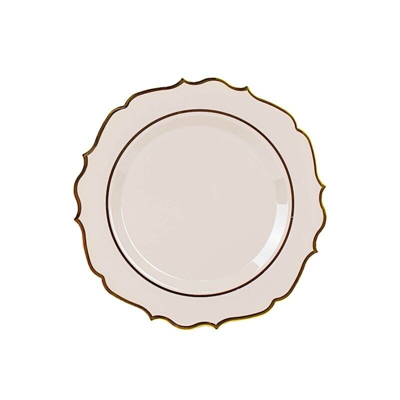 20 TAUPE 10.5" Round Plastic Dinner Plates GOLD Scalloped Rim